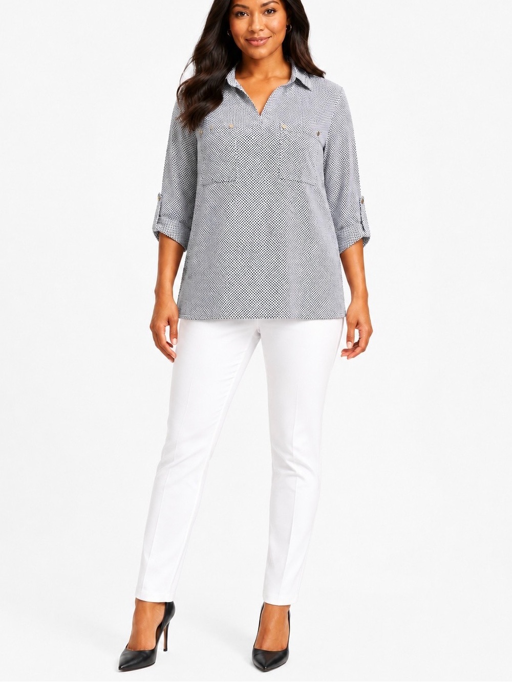 ✅🌹Women's Black and White Polka Dot Button-Front Blouse